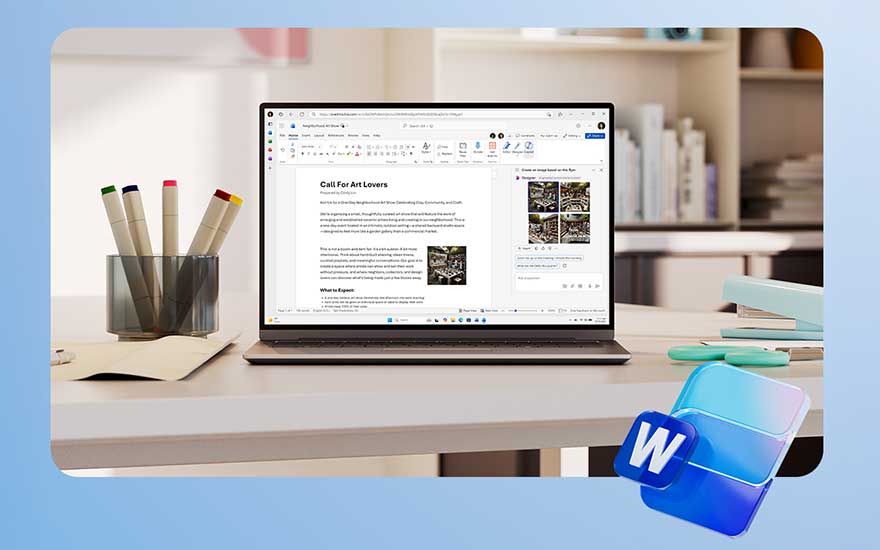 Een laptop op een bureau toont een Word-document met tekst en foto’s. Het klassieke blauwe Word-logo staat rechtsonder in beeld.