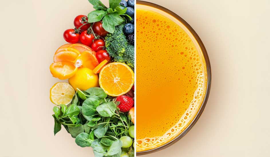 Op de afbeelding zie je een sapcentrifuge van Philips met links een appel en rechts twee wortels in de vulopening, klaar om geperst te worden.