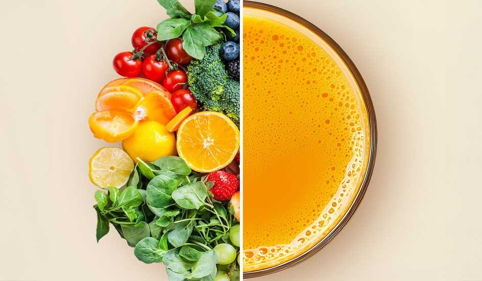 Half the image shows colourful fresh fruit and greens, the other half a bright glass of smooth orange juice ready to drink