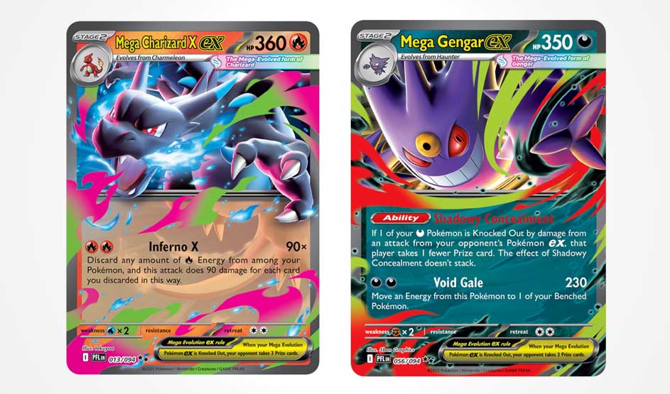 Two Pokemon trading cards displayed side by side: Mega Charizard X EX with 360 HP on the left and Mega Gengar EX with 350 HP on the right.