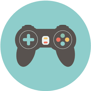 Een donkergrijze gamecontroller met een blauw kruis, gekleurde stippen en witte accenten, tegen een lichtblauwe cirkelvormige achtergrond.