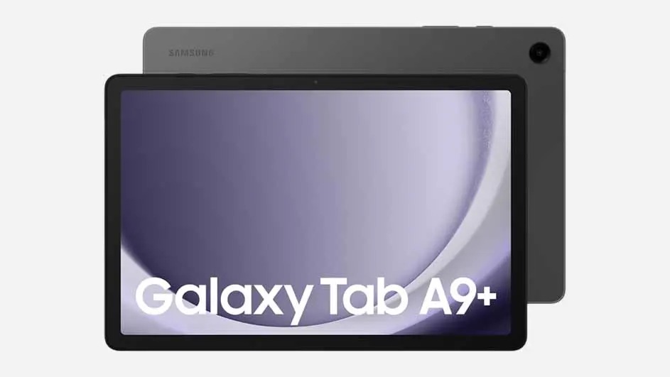 Op de afbeelding zie je een Samsung Galaxy Tab A9+ tablet in het zwart, met een groot scherm en een enkele camera achterop. Merknaam: Samsung.