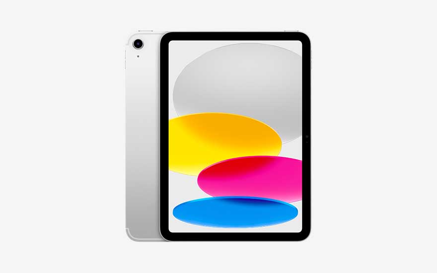 Een zilverkleurige Apple iPad staat rechtop, met een kleurrijk abstract scherm vol ovale vormen in geel, roze, blauw en grijs op witte achtergrond.