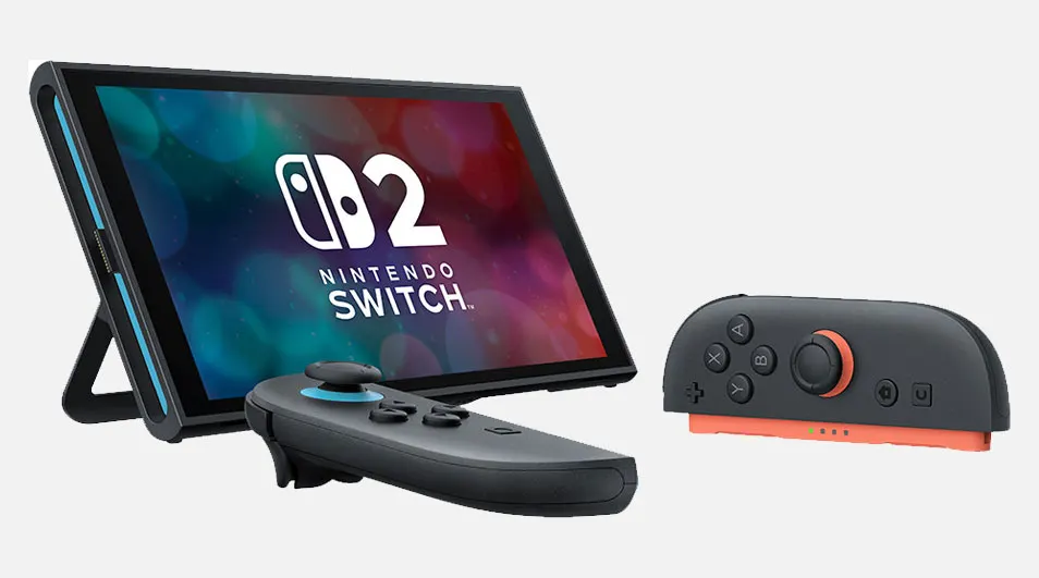 Een Nintendo Switch OLED-model met twee controllers op een witte achtergrond. Het scherm toont het Nintendo Switch-logo.
