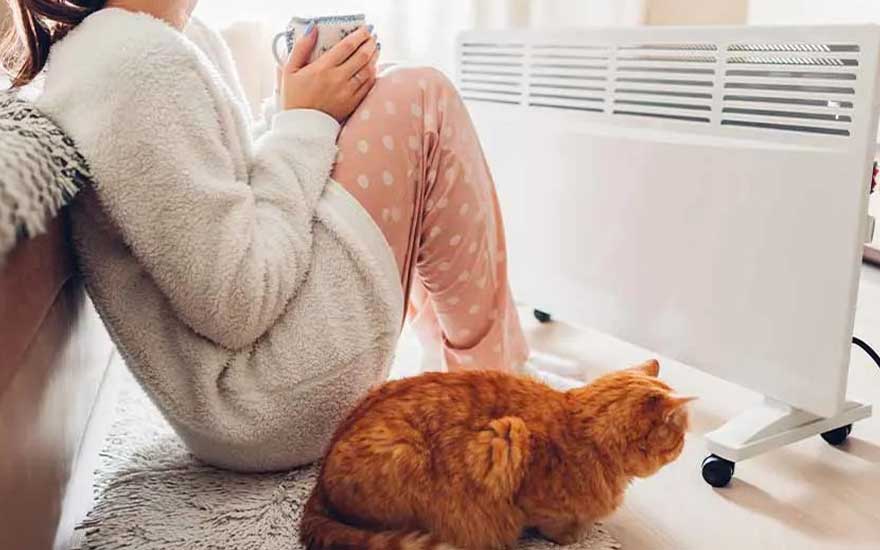 Een vrouw in een warme outfit zit op de vloer met een mok, naast haar een rode kat, beiden genieten van de warmte van een kachel.