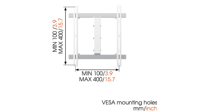 Een wit diagram van een tv-beugel met afmetingen, min 100/3.9 en max 400/15.7 mm/inch, tegen een witte achtergrond.