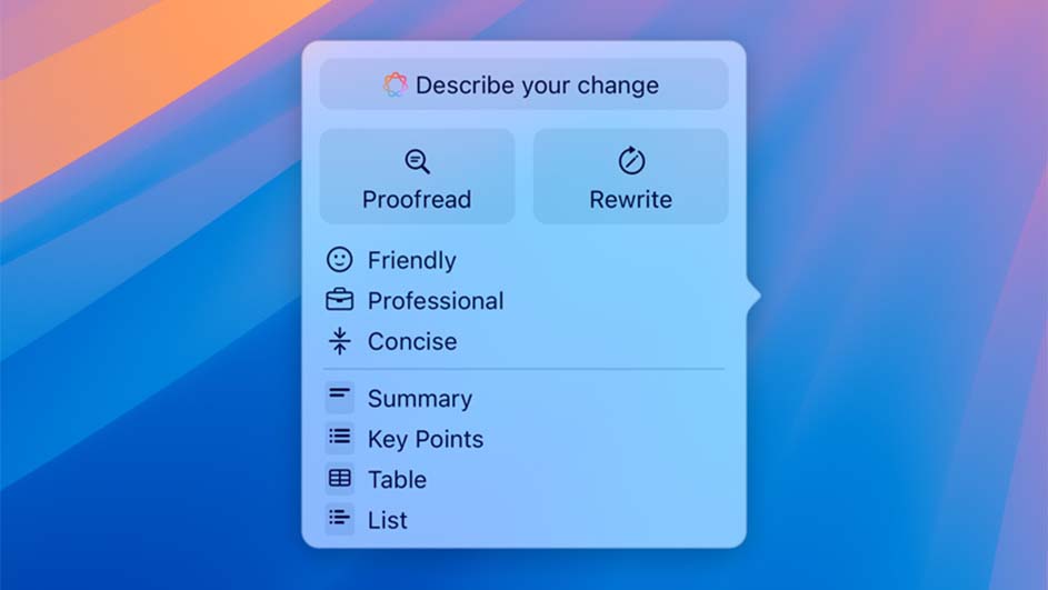 Wit menu met opties zoals proeflezen, herschrijven, vriendelijk, professioneel, beknopt, samenvatting, kernpunten, tabel en lijst.