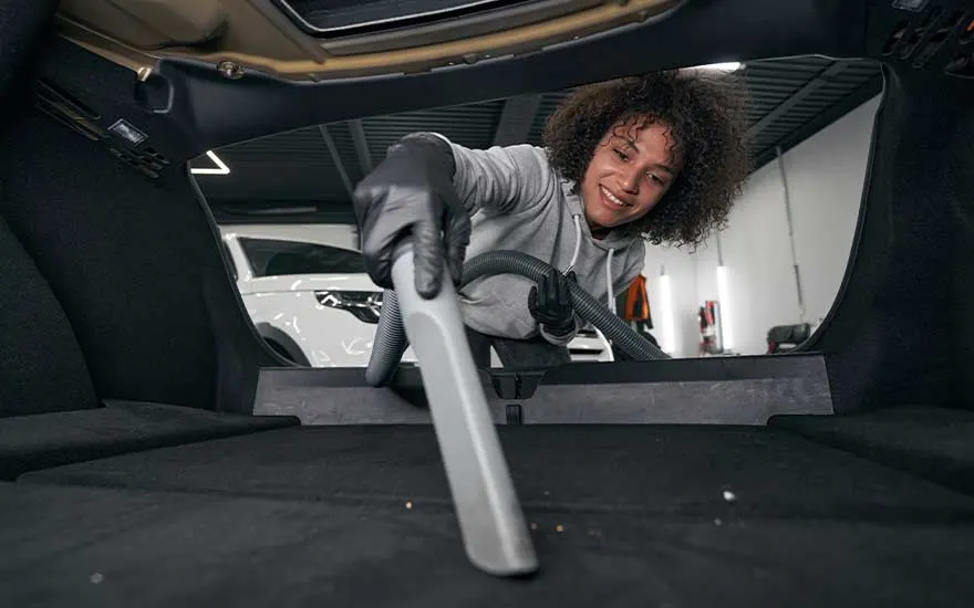 Een vrouw gebruikt een stofzuiger om de kofferbak van haar auto schoon te maken; ze glimlacht terwijl ze de klus uitvoert.