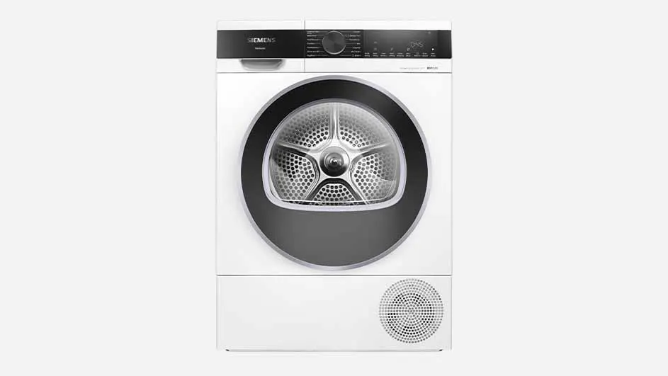 Vooraanzicht van een witte Siemens WQ35G2D7NL warmtepompdroger met zwarte ronde deur, zichtbare roestvrijstalen trommel en bedieningspaneel met draaiknop en digitaal scherm.