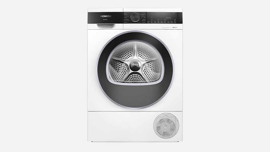 A white Siemens tumble dryer with a large round black and silver door, digital display, and control knob is shown on a plain background.