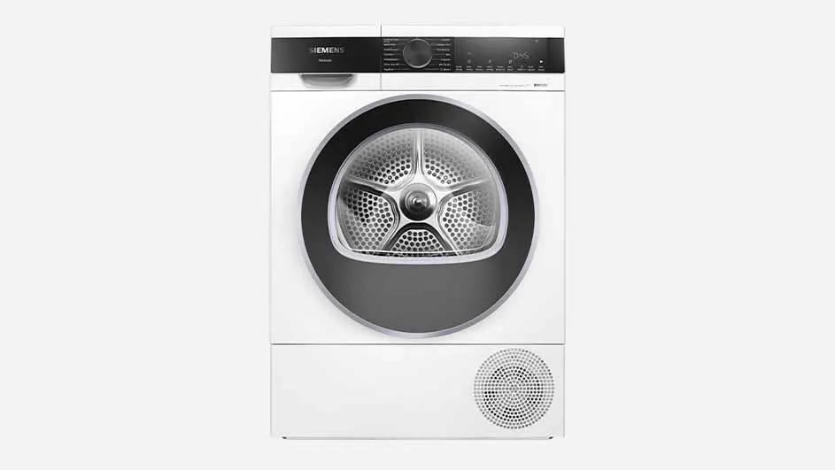 A white Siemens tumble dryer with a large round black and silver door, digital display, and control knob is shown on a plain background.