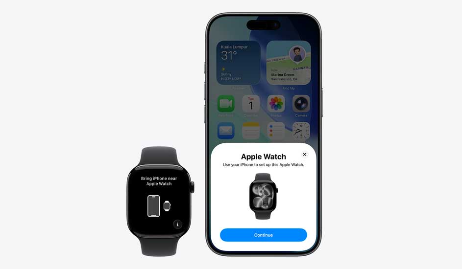 A black Apple Watch shows a pairing prompt beside an iPhone, whose screen displays a setup window to configure the new watch.