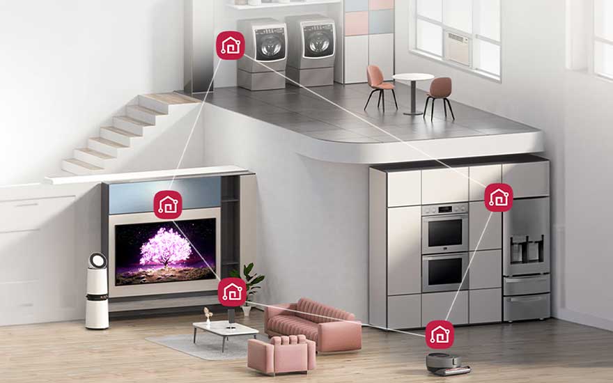 A modern home shows smart LG appliances linked by icons, including a TV, fridge, laundry area and robot vacuum.