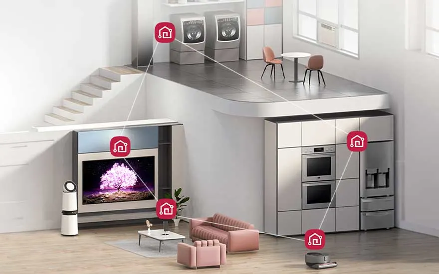 A modern home shows smart LG appliances linked by icons, including a TV, fridge, laundry area and robot vacuum.