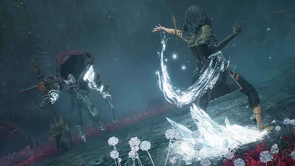 Een vrouw in gevecht met een monsterachtige figuur in een sprookjesachtig landschap met witte bloemen.