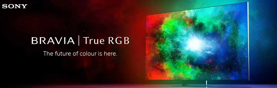 Sony BRAVIA True RGB tv met kleurrijke nevels op het scherm en slogan: de toekomst van kleur is hier.