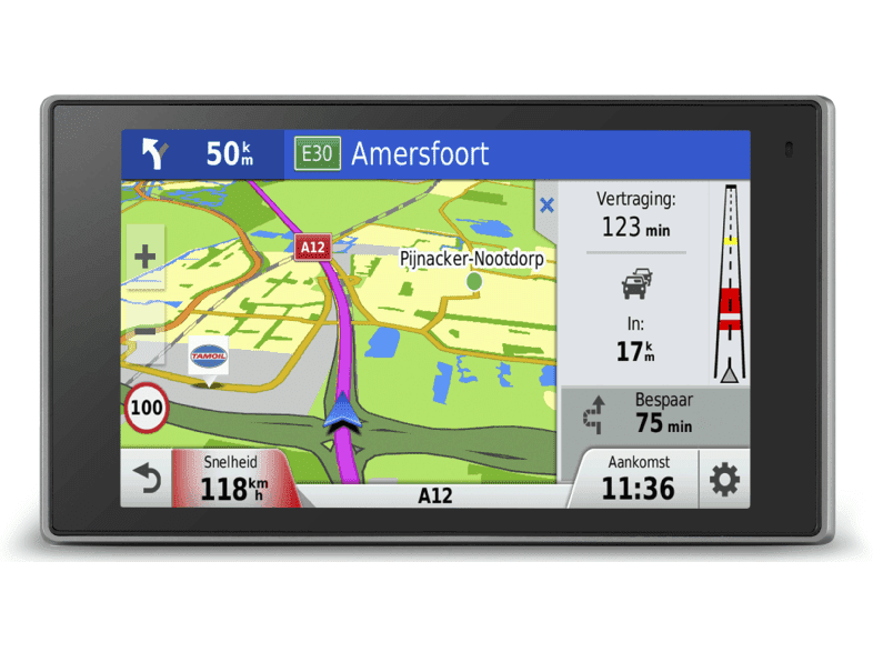 Navigatiesysteem toont kaart van Pijnacker-Nootdorp, A12, en Amersfoort. Vertraging 123 min, aankomst 11:36, snelheid 118 km/u.