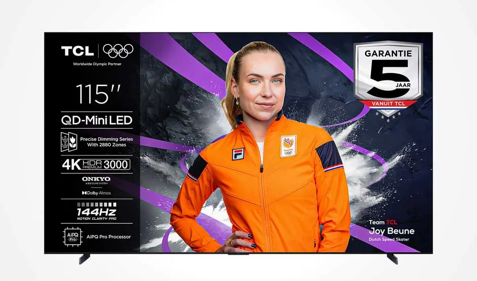 A TCL 115" QD-MiniLED television displays a female speed skater in orange Olympic kit. Specs: 4K HDR 3000, 144Hz, 2880 dimming zones. 5-year warranty. Worldwide Olympic Games Partner.