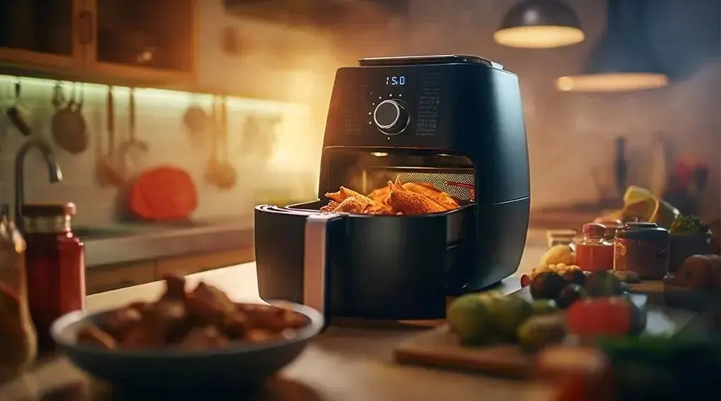 A black air fryer with snacks on a worktop, surrounded by ingredients and cooking utensils.