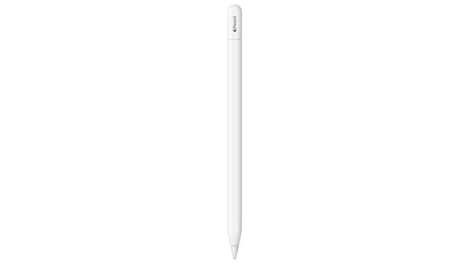 Een witte, cilindrische Apple Pencil met een punt aan de onderkant, verticaal geplaatst tegen een witte achtergrond.