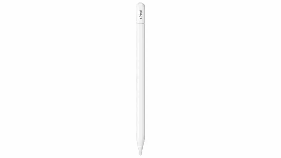 Een witte, cilindrische Apple Pencil met een punt aan de onderkant, verticaal geplaatst tegen een witte achtergrond.