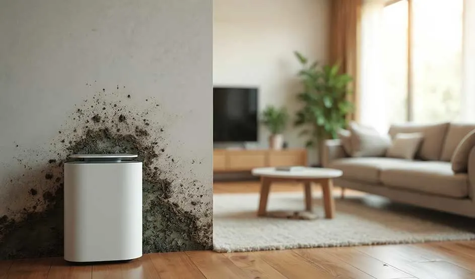 In a tidy living room a white air purifier stands by a wall with dark mould patches, while the rest of the space looks clean.