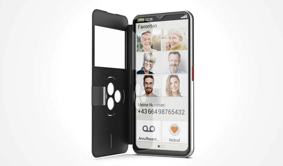 Een zwarte Emporia smartphone met beschermhoes toont een overzichtelijk favorietenscherm met grote knoppen en pictogrammen. Merk: Emporia.