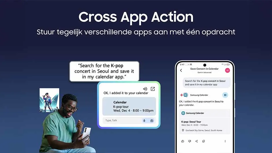 Een man gebruikt een telefoon voor een K-pop concertagenda actie op een blauwe achtergrond.