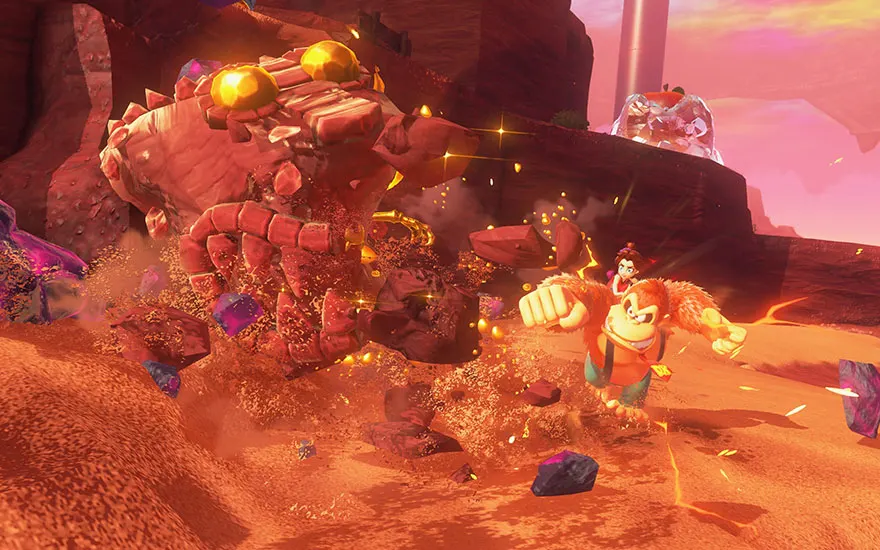 Donkey Kong staat in een roze kristalgrot met gouden lichteffecten, omringd door rotsformaties en glinsterende edelstenen overal.