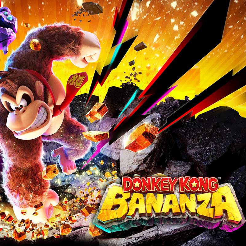 Affiche met Donkey Kong Bananza, bruine apen, rotsen, en gele achtergrond met flitsende vormen. De titel is in geel en rood.