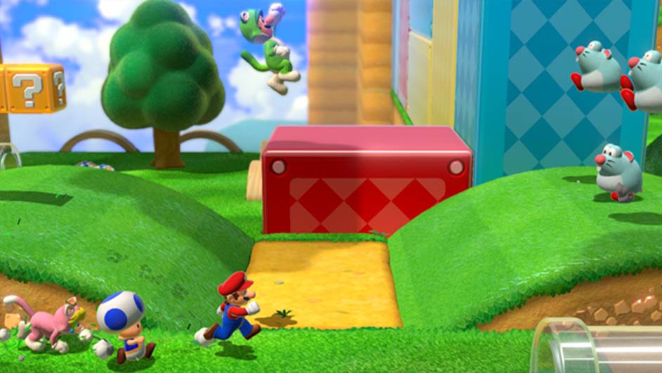 Mario rent op een groene heuvel richting een rood blok. Een groene figuur springt erboven. Op de achtergrond staan blauwe en groene blokken.