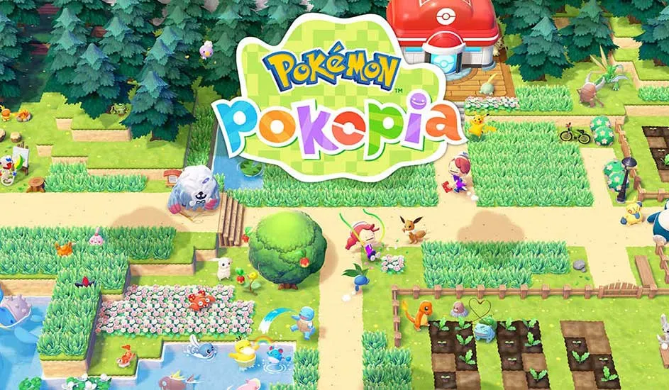 Colourful Pokémon world with forests, water and paths, full of cute creatures exploring the fields around a large “Pokémon Pokopia” logo.