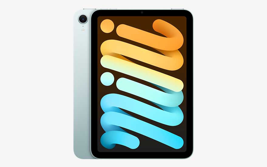 Donkergrijze tablet met dunne randen toont een grote paarse abstracte vorm op helder scherm tegen een witte achtergrond.