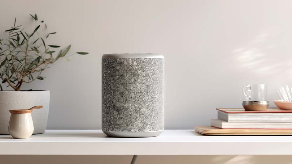 Grijze speaker staat op een witte plank, naast een plant, boeken, een glas en een kom. De achtergrond is een effen witte muur.