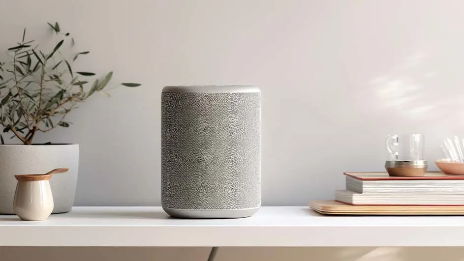 Grijze speaker staat op een witte plank, naast een plant, boeken, een glas en een kom. De achtergrond is een effen witte muur.