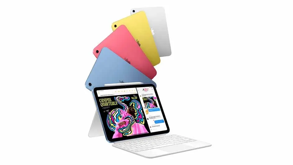 Five tablets are stacked on a white background. The front tablet displays an image. A white keyboard is attached.