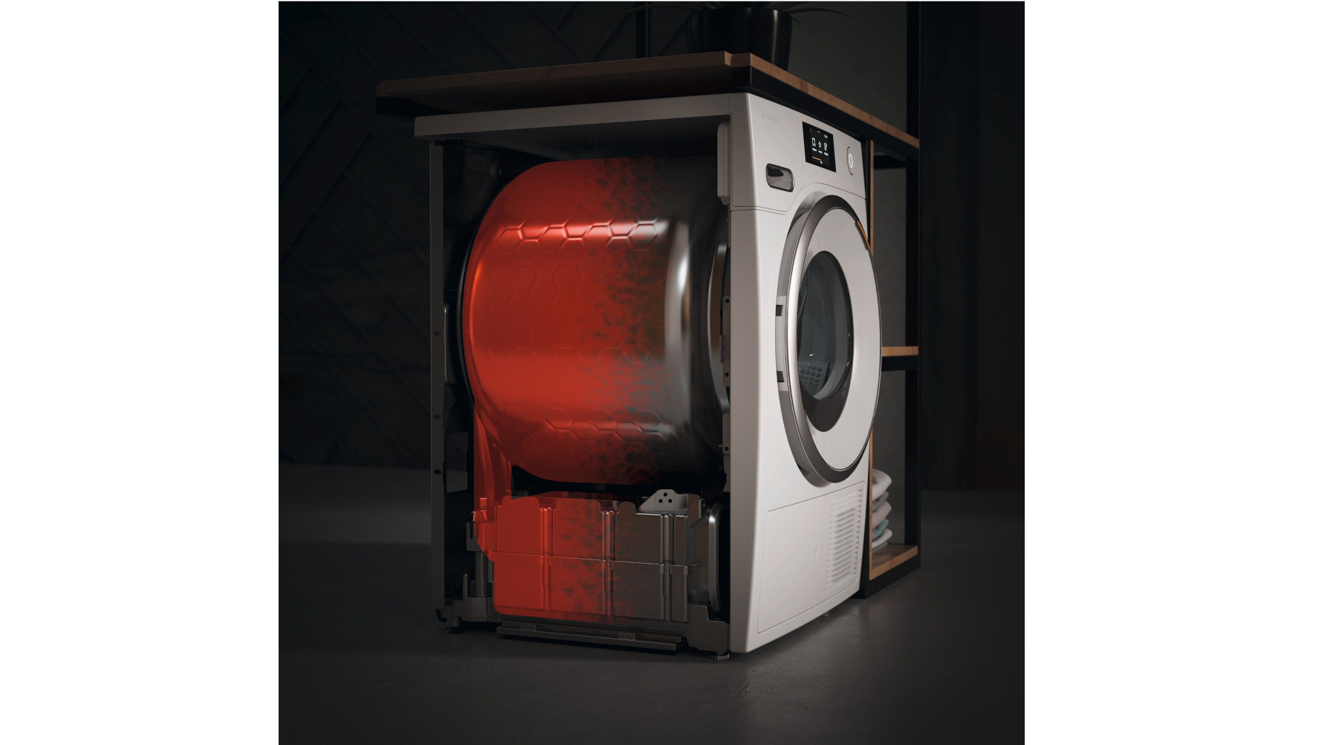 Witte wasdroger in een houten frame, met een zichtbare, rood verlichte, metalen trommel en onderdelen.