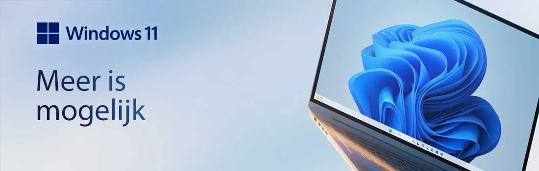 Op de afbeelding staat een laptop met Windows 11, het nieuwe besturingssysteem van Microsoft. Het Windows 11-logo is duidelijk zichtbaar.