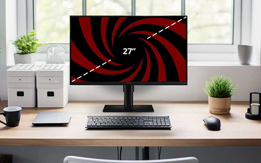 Neat desk with 27" monitor, keyboard and mouse, framed by plants and storage boxes by a bright window.