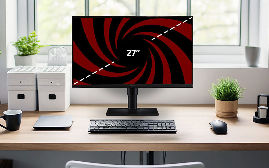 Strak bureau met 27" monitor, toetsenbord en muis, tussen planten en opbergdozen bij een helder raam.