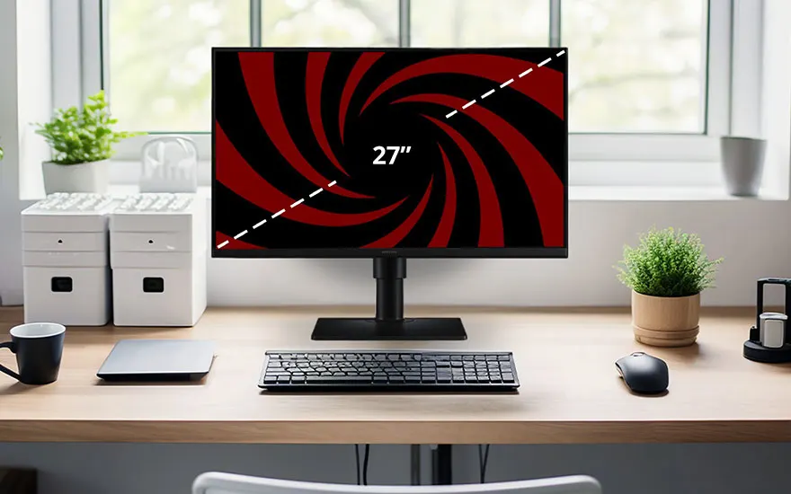 Vrouw achter bureau met twee computerschermen, bewerkingssoftware open. Collega's op achtergrond, kantooromgeving met planten en kantoorbenodigdheden.