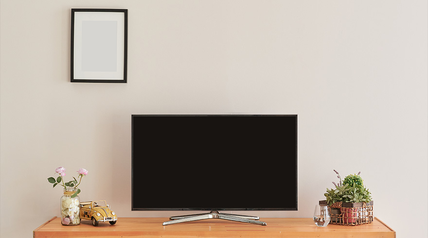 Een zwarte tv op een houten kast, met een lijst aan de muur. Bloemen, een auto en planten ter decoratie.