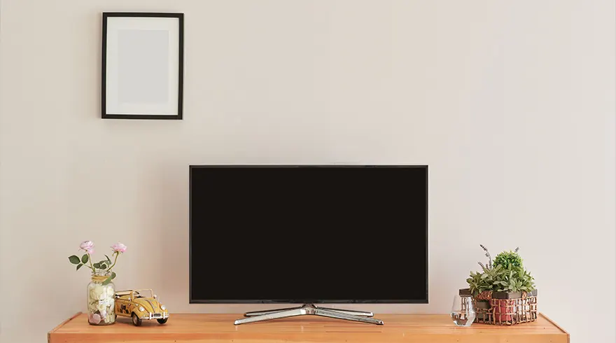 Een zwarte tv op een houten kast, met een lijst aan de muur. Bloemen, een auto en planten ter decoratie.