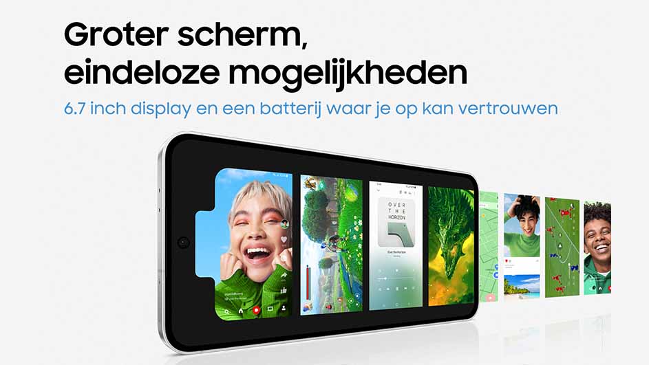 Een zwarte smartphone toont een scherm met diverse afbeeldingen: een persoon, landschappen en een draak. Tekst bovenaan.
