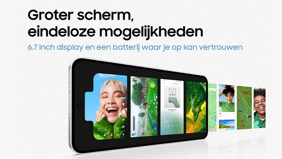 Een zwarte smartphone toont een scherm met diverse afbeeldingen: een persoon, landschappen en een draak. Tekst bovenaan.