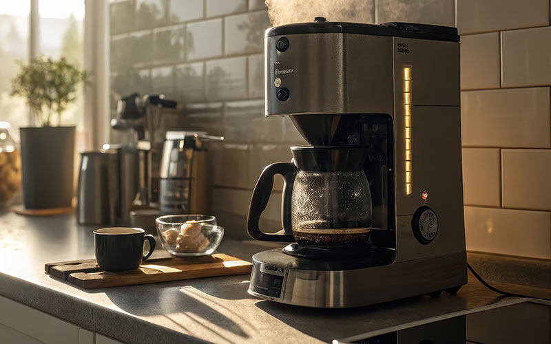 Filterkoffiezetapparaat op een aanrecht in een zonnige keuken, met koffiekopje en accessoires ernaast.