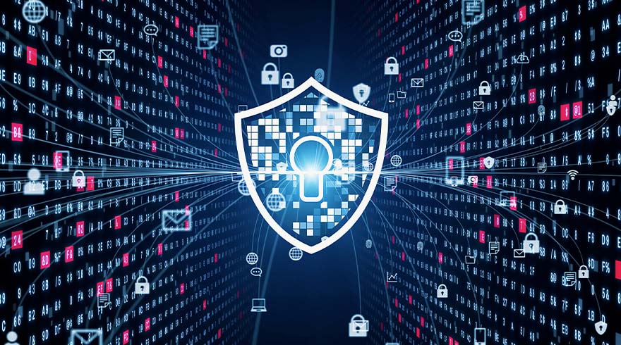 Een blauwe achtergrond met rode en witte binaire code en pictogrammen. In het midden een schild met een sleutelgat.