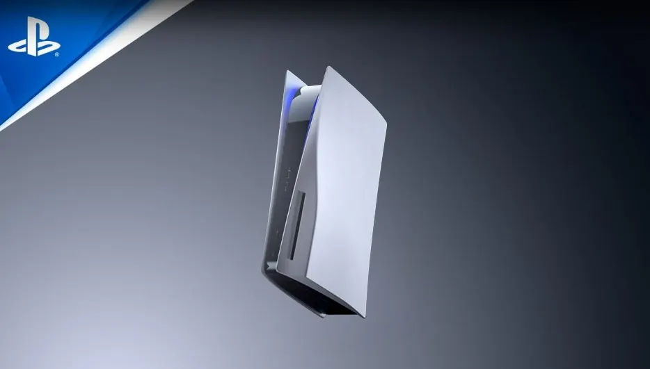 A white PlayStation 5 console stands vertically against a grey to black gradient background. The console's design includes black accents.