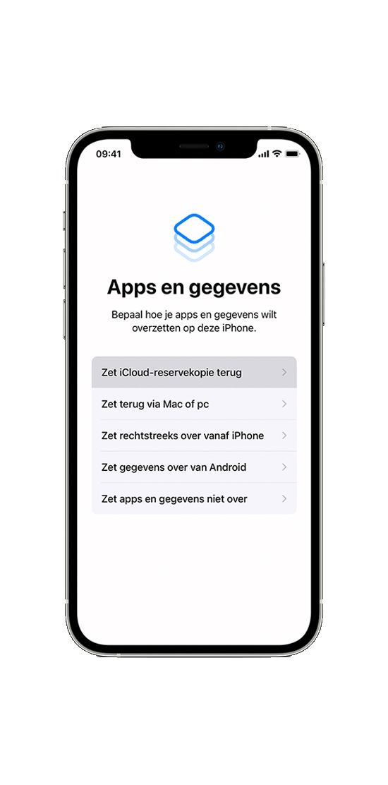 Een iPhone toont het scherm 'Apps en gegevens' met opties voor het overzetten van gegevens vanaf iCloud, Mac, iPhone of Android.