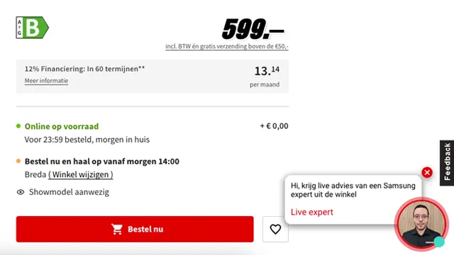Winkelpagina toont prijs, energielabel B, financieringsopties, beschikbaarheid, bezorginfo, afhaalpunt, showroom, en live expert hulp.